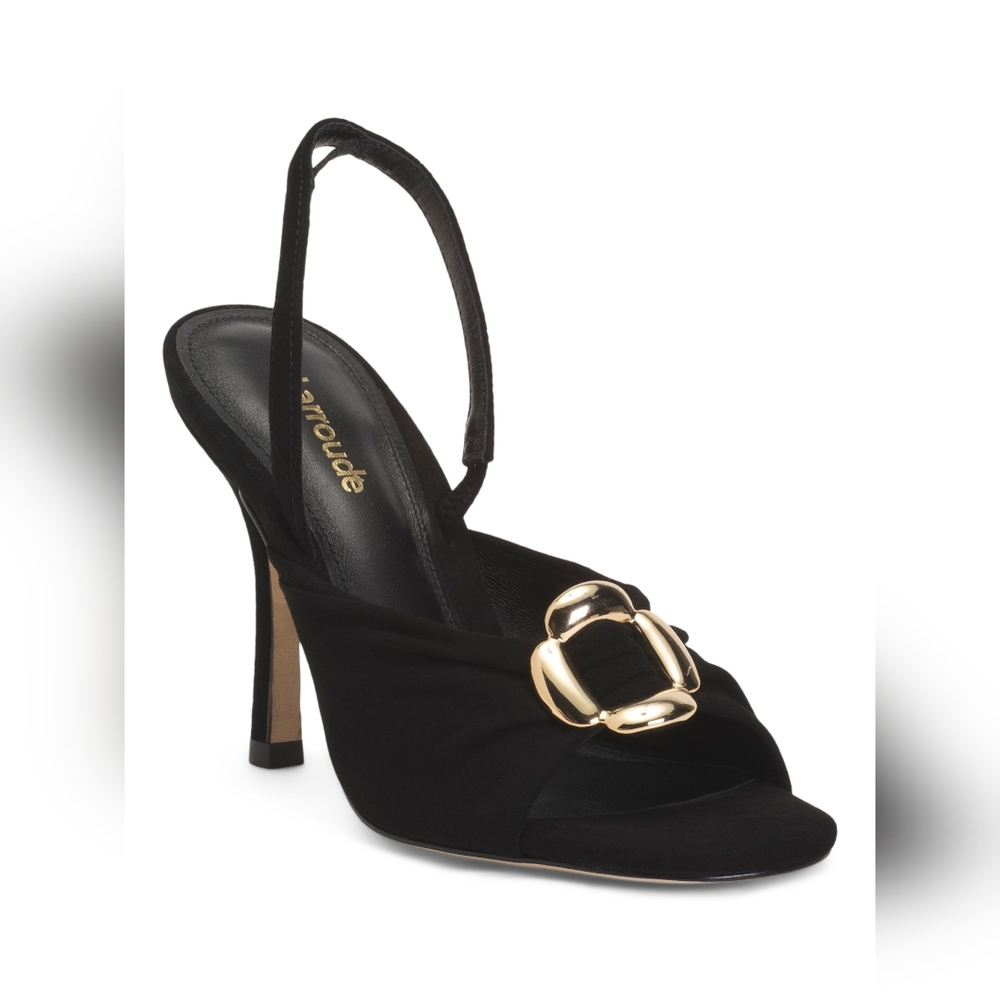*NIB* Larroudè Mayfair Slingback Heel Black Suede Gold Buckle Size 7